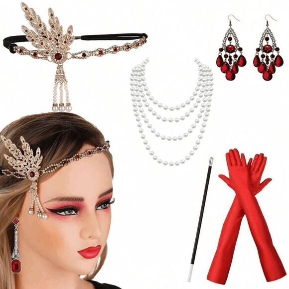 ❤️✨ 5PCS 1920s Red Accessories Flapper Great Gatsby Retro Costume Set NEW main image 6